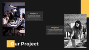 Project slide featuring two scenes a team discussing data in a meeting room and a project manager working on a laptop.