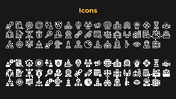 A set of business related icons such as charts, people, security, and time management symbols, arranged in two rows.