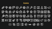A diverse set of icons representing business processes, marketing tools, social media platforms, and web elements.