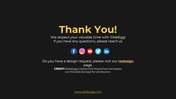 Thank you message from SlideEgg with social media links and an invitation for design requests on a dark backdrop.