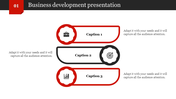 Business plan timeline with four numbered steps in black and red, connected by lines with hexagonal nodes and captions.