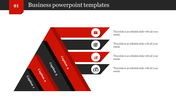 Business PPT slide with four red and black diagonal sections, each with a different icon and labeled caption 1 to 4.