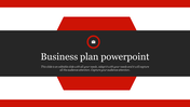 Business plan slide with a red hexagonal frame, featuring black banner with text and a briefcase icon in the center.