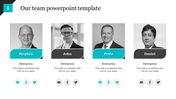 Team template with four black and white profile photos, names in blue and gray bars, and social media icons below.