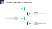 Creative PPT presentation template with four hexagonal sections, each labeled with a caption and numbered from 01 to 04.