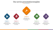Service slide featuring five color-coded hexagonal icons for various services, with captions areas below each.