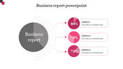 Business report slide template showing radial connection design linking central gray circle to three percentage metrics.
