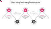 Marketing business plan PPT slide with colorful hexagonal icons with captions and placeholder text.