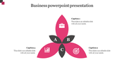 Floral shaped business diagram with three pink and black petals, icons for business, and central nodes labeled A, B, and C