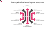 Business process slide with ten caption areas, arranged around pink and black arrows extending from a central vertical shape.