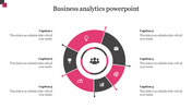 Business analytics PowerPoint template with a colorful circular diagram showing key business functions with captions.