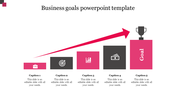 Business goals infographic with five labeled blocks, icons, a rising pink arrow, and a trophy on the final goal block.