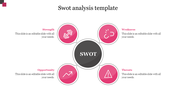 Business SWOT diagram with a black central SWOT circle, four pink segment with icons, and text placeholders for each factor. 