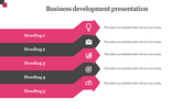 Business development presentation slide with five colored heading sections and corresponding icons with placeholder text.