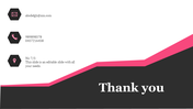 Thank you slide with a black and pink geometric footer, contact details with hexagonal icons for email, phone, and location.