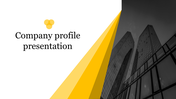 Modern company profile slide with a black-and-white building image and yellow beams cutting across the design.
