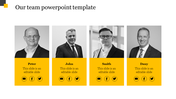 Team slide with four professionals in black and white portraits, names below, on yellow background with social media icons.