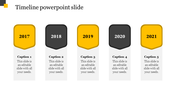 Timeline PowerPoint slide with five years, from 2017 to 2021, represented by colorful year tags with captions.