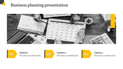 Business planning slide with hands pointing at calendars on a wooden table, laptop, and documents, with three yellow caption.