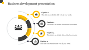 Business development slide with a circular segmented chart featuring a team icon at the center, yellow and black sections.