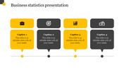 Business statistics slide with four captioned sections in alternating yellow and gray color blocks.