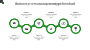 Business process management slide showcasing six steps connected with a green path, each with a caption.