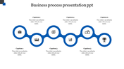 PPT slide with a blue interconnected process flow diagram featuring six steps and corresponding icons with captions.