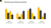 Business growth PPT slide with colorful bar charts showing percentages for four different categories with captions.