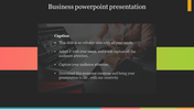 Business slide with a dark theme, a central image of a laptop and hands, and a text box with bullet points.