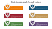 Marketing plan slide with six location pin icons in different colors, each linked to a horizontal text box with a caption.