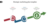 Strategic marketing plan template with a three arrow path in red, blue, and green, each step marked with a circular icon.