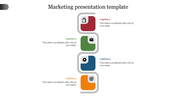 Marketing PPT presentation template with four captions and color coded icons with placeholder text on a white backdrop.
