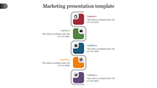 Marketing slide with five square blocks in red, green, blue, orange, and purple, aligned vertically along a gray path. 