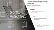 Digital marketing strategy slide with a laptop background, overlaying icons for email, video, blog, website, and ROI growth. 