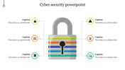 Cyber security slide with a colorful lock in the center, surrounded by six circular icons in different colors with captions.