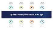 Slide showcasing a cyber security business plan with eight sections, each featuring a color coded icons and captions.