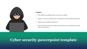 Cybersecurity template featuring a hacker illustration in a black hoodie and mask using a laptop, with text on the right. 