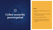 Cybersecurity slide with a shield icon, on a blue binary code background, and yellow sidebar containing text.