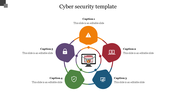 Cyber security PowerPoint template with a lock symbol, laptop with various colored icons, and captions on a white backdrop.