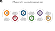 Cyber security PowerPoint template with six colorful icons representing different stages with captions.