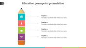 Vertical pencil shaped layout with colorful boxes in teal, orange, green, and purple, each with an icon and caption.
