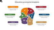 Education PowerPoint template with a colorful brain puzzle design featuring icons with captions and placeholder text.