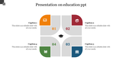 Educational PowerPoint template with a grid layout featuring icons with captions and placeholder text on a white backdrop.
