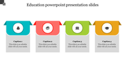 Four-step educational slide design with distinct colors and icons representing various academic themes and caption areas.