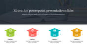 Education slide with four graduation cap icons in green, red, blue, and yellow, each numbered with captions below.