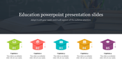 Education PowerPoint presentation slide with five captions, each featuring icons in a different color.