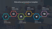 Hexagonal education timeline with six icons linked by arrows, placed over a blurred classroom scene with students.
