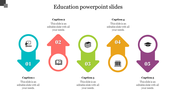 Colorful PPT slide with five arrows pointing up and down, each with an educational icon with captions on a white theme.