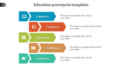 Education slide with five horizontal shaped banners in blue, orange, green, brown, and teal, each with an icon and caption.