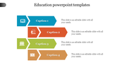 Education-themed template with colored arrow sections featuring icons for learning, teaching, and research.